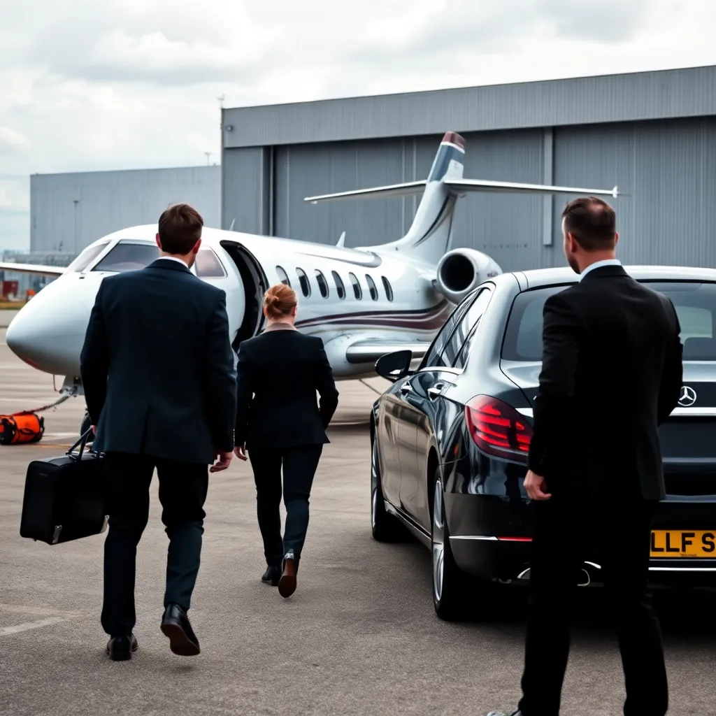 Guests leaving Rideexec luxury car and heading towards their aircraft at an FBO in London Airport