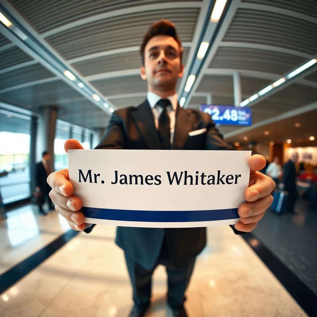 A Rideexec chauffeur holding a guest namecard at London airport chauffeur service
